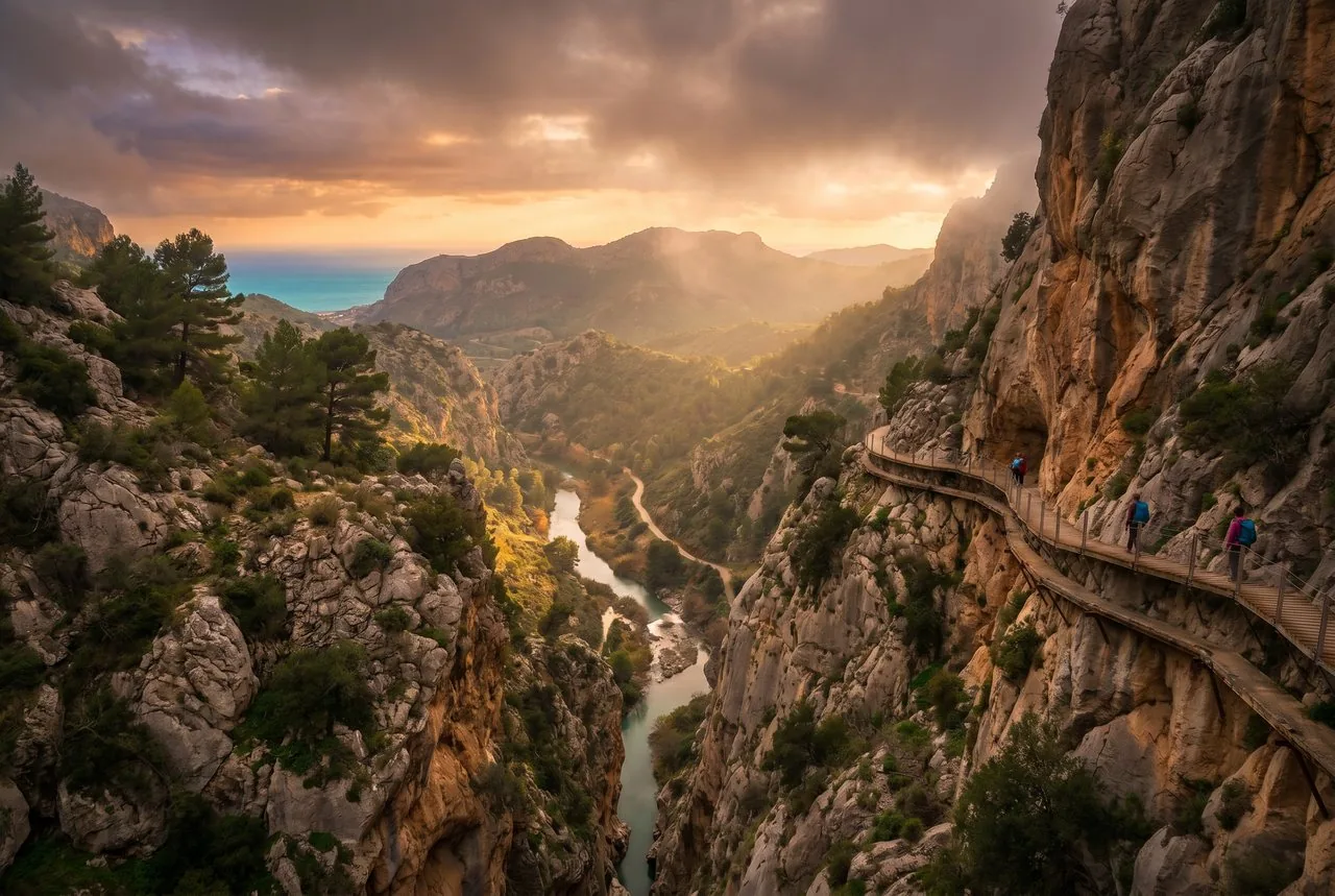 Steg des Caminito del Rey durch eine enge Schlucht