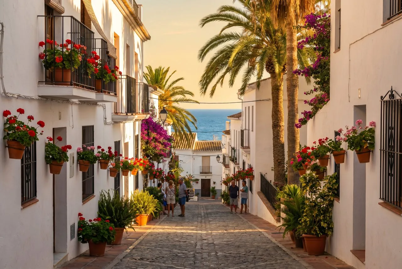Blumengeschmückte weiße Gasse in Estepona