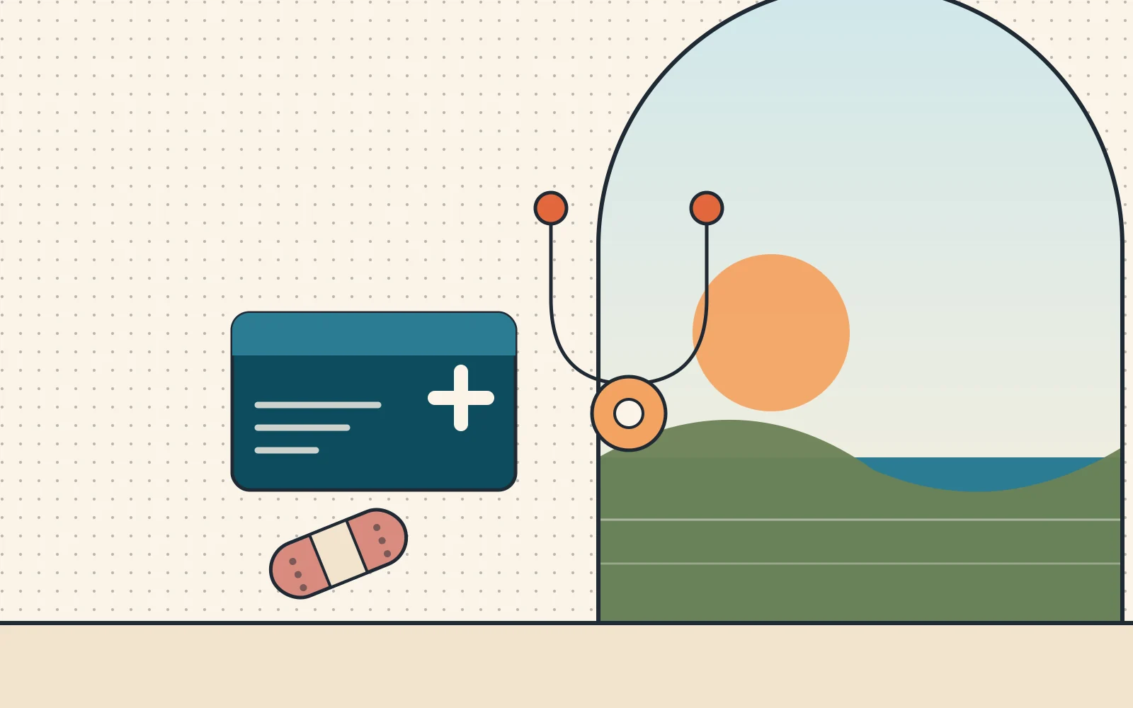 Illustration: Gesundheitskarte, Stethoskop und Pflaster