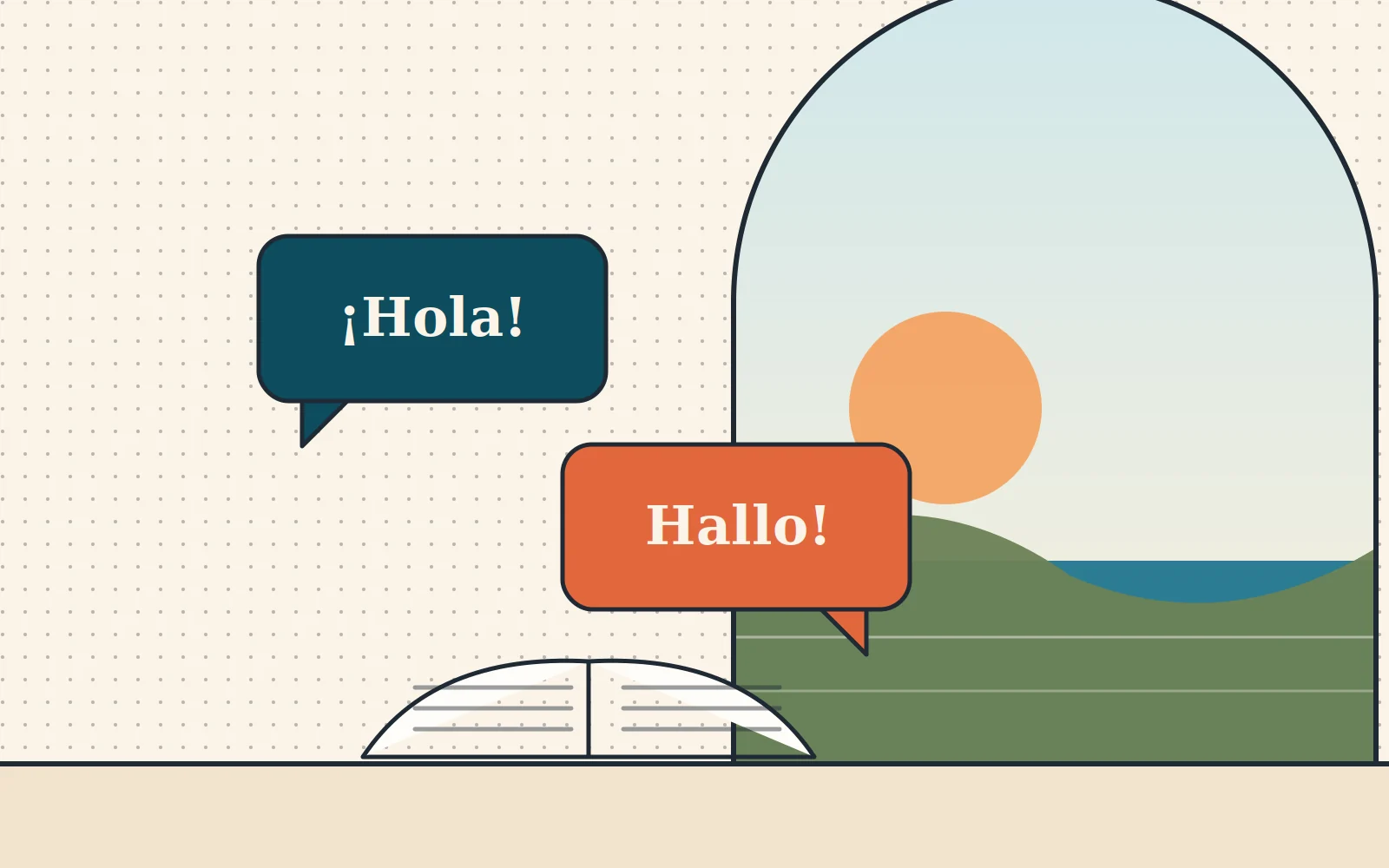 Illustration: zwei Sprechblasen mit ¡Hola! und Hallo! über einem Buch