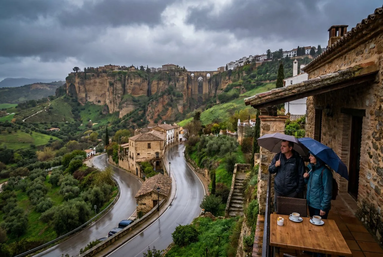 Familie mit Regenschirmen an einem Aussichtspunkt in Ronda bei Regen