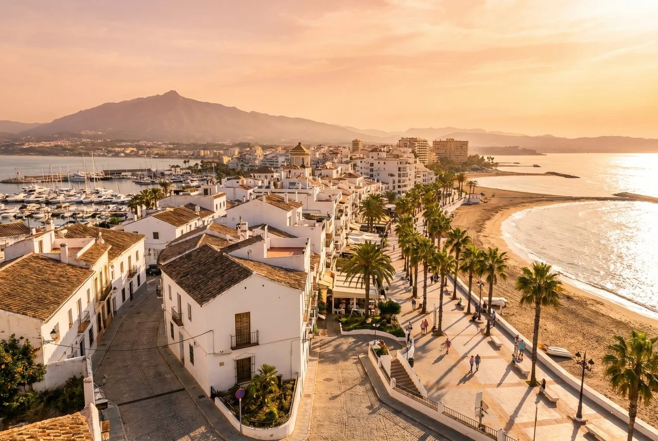Weiße Häuser, Palmen und Strandpromenade an der Costa del Sol im Abendlicht