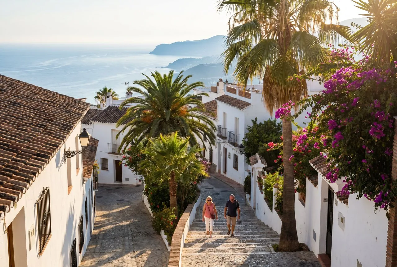 Weiße Gasse mit Treppe und Meerblick in einem andalusischen Dorf
